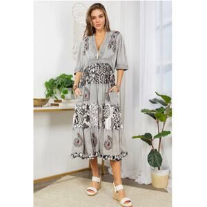 Young Threads Womens S Gray Black Patchwork Embroidered Viscose Boho Maxi Dress